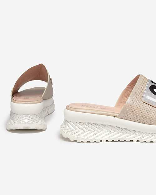 Жіночі бежеві блискучі тапочки з написом Соша- Взуття