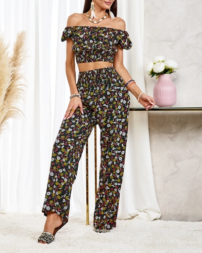 Royalfashion Schwarzes zweiteiliges Set für Damen mit Blumenmuster