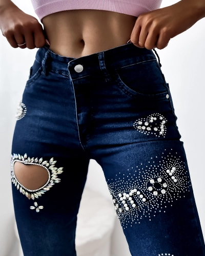 Marineblaue 3/4-Denim-Shorts für Damen mit Zirkonen - Kleidung