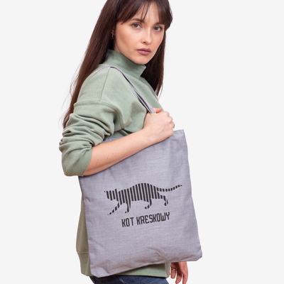 Graue Stofftasche mit Aufschrift und Aufdruck einer Katze - Accessoires