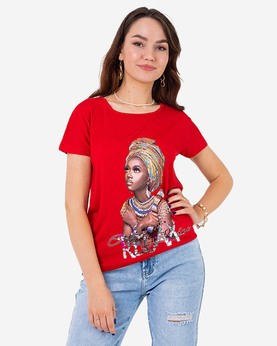 Rotes Damen-T-Shirt mit farbigem Aufdruck und Pailletten - Kleidung