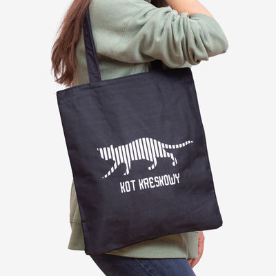 Schwarze Stofftasche mit Katzenschild und Aufdruck - Accessoires