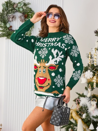 Royalfashion Dunkelgrüner Damen-Weihnachtspullover mit Rentier