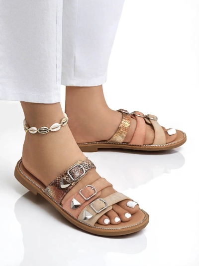 Royalfashion Damen Pantoletten Flache Sandalen Snake Chic