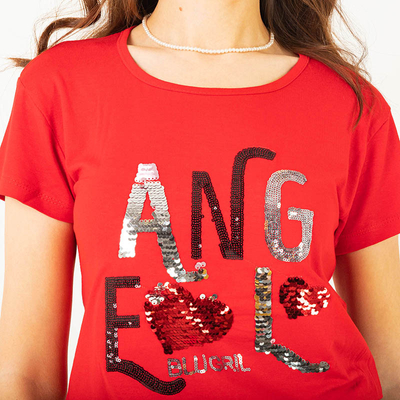 Rotes Damen-T-Shirt mit Paillettenaufschrift - Kleidung