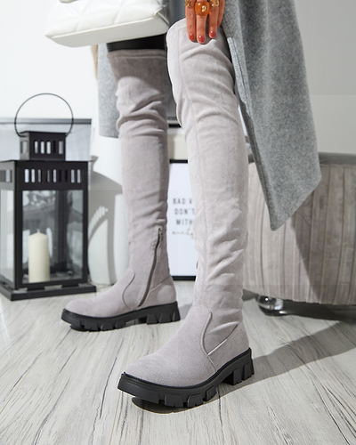 Graue Overknee-Stiefel aus Wildleder mit flachem Absatz Engi- Footwear