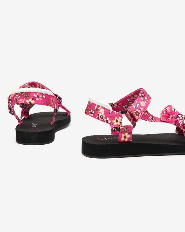 Schwarze Damensandalen mit rosa Blumenstreifen - Schuhe