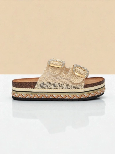 Royalfashion Damen-Pantoletten mit Strassschnallen GlamCork