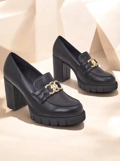 Damen Nero Aurora Pumps mit Blockabsatz und goldener Schnalle, Öko-Leder