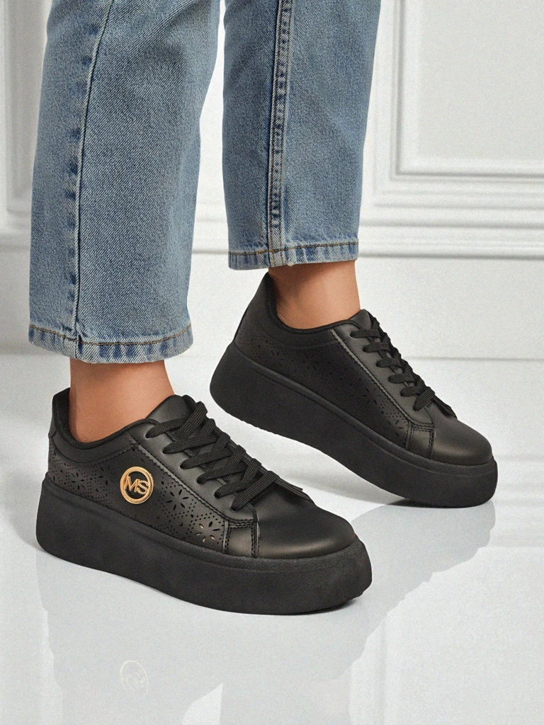 Damen Plateau Sneakers Perseida Royalfashion Schwarz Öko-Leder