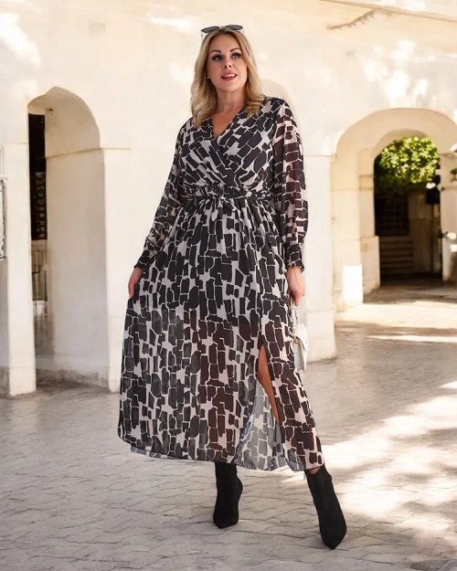 Royalfashion Чорно-бежева візерунчаста жіноча максі-сукня