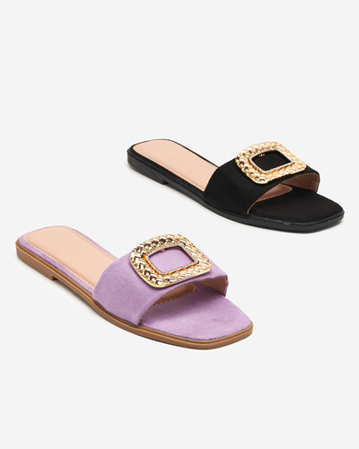 OUTLET Violette Öko-Wildleder-Hausschuhe für Damen mit goldener Schnalle Lozi. Schuhwerk