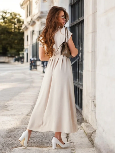 Royalfashion Damen-Midikleid mit Wickelausschnitt, kurzen Ärmeln und einem Gürtel