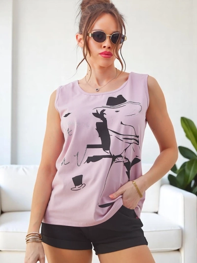 Royalfashion Damen Baumwoll-Ärmellose Bluse mit Druck und Strasssteinen