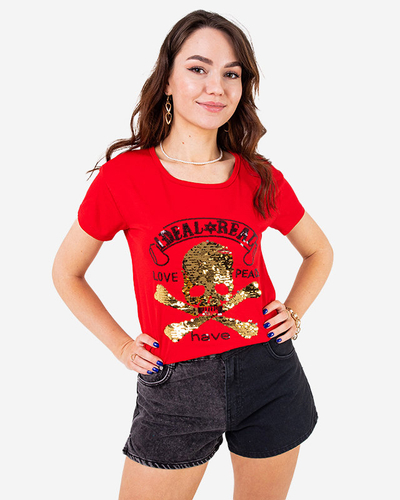 Rotes Damen-T-Shirt mit Pailletten und Aufschriften - Kleidung