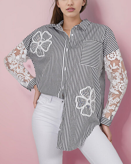 Royalfashion Gestreiftes Damenshirt mit Spitze