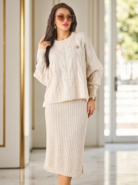 Royalfashion Acryl geflochtenes Damen-Set mit Pullover und Rock Warm & Flauschig