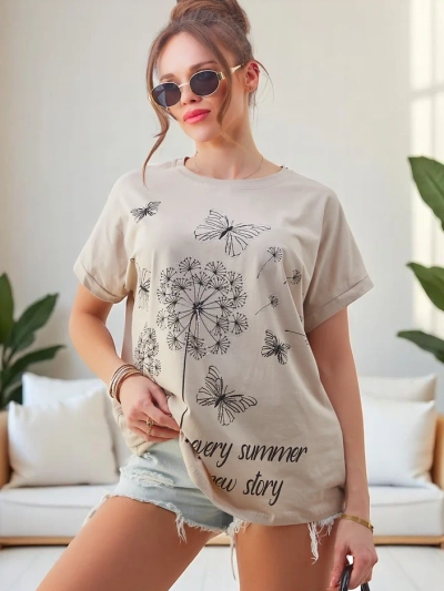 Royalfashion Damen Baumwoll-T-Shirt mit Löwenzahn und einem Schmetterling