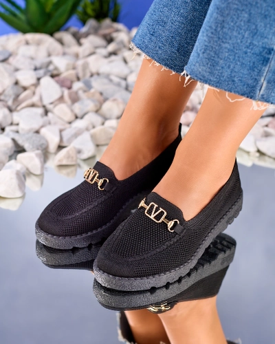 Royalfashion Schwarze Damen Stoffmokassins mit Goldverzierung Ertica