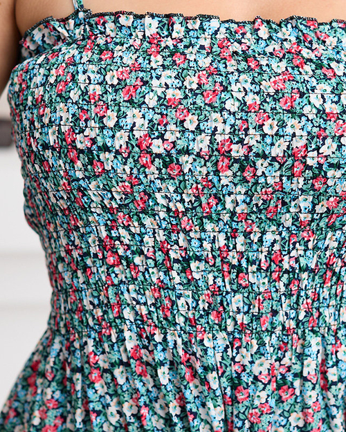 Квітчаста синьо-червона жіноча міні-сукня на бретелях - Одяг