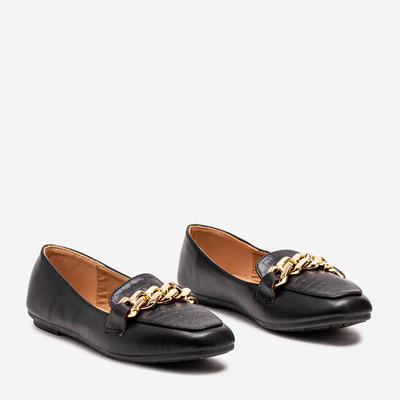 Schwarzer Damen-Mokassin mit Prägung und einer Kette an der Spitze - Schuhe