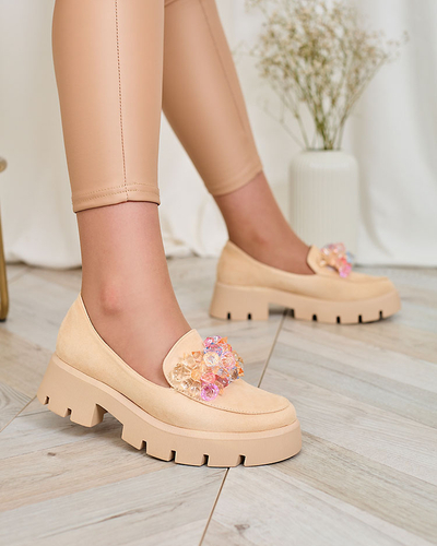 Royalfashion Beige Damen Mokassins mit bunten Kristallen Crystal Glam