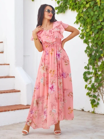 Royalfashion Жіноча сукня без плечей з короткими рукавами у різноманітних квітах