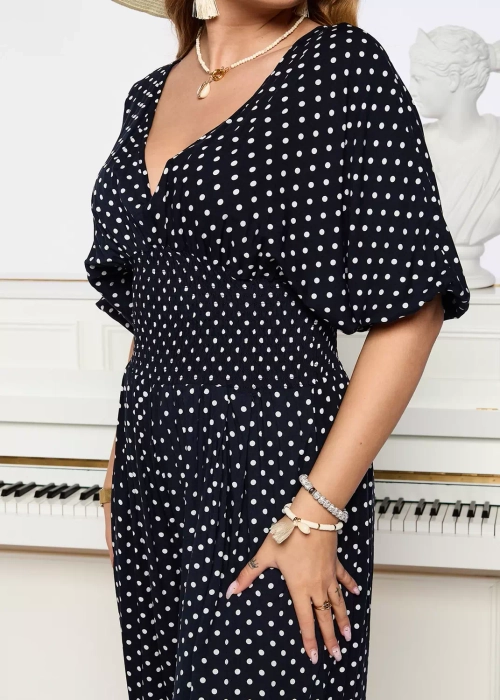 Темно-синій довгий жіночий костюм в горох - Одяг