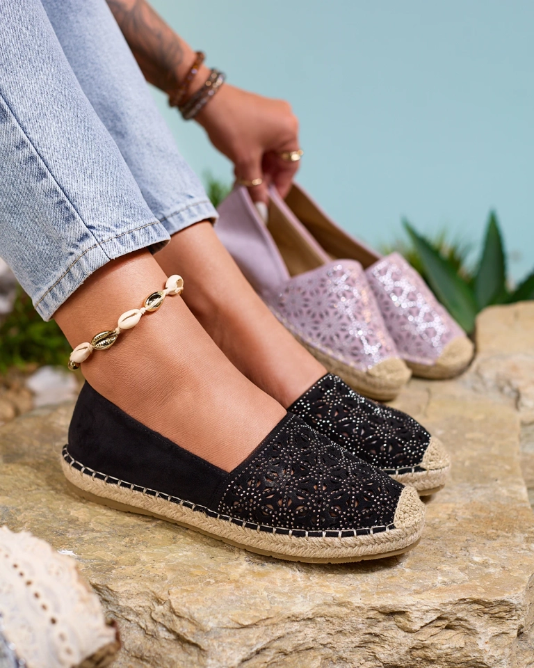 Royalfashion Schwarze Damen-Espadrilles mit Zirkonen Cyrilla