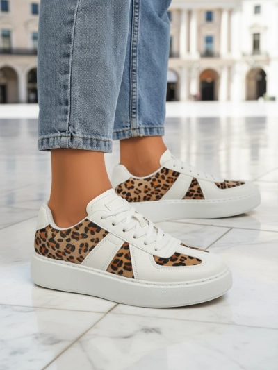 Damen Sneakers Calista Leopardia – Weißes Öko-Leder Stoff Frühling 4cm