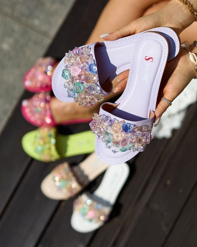 Royalfashion Lila Damen Flip-Flops mit bunten Kristallen Bling Breeze