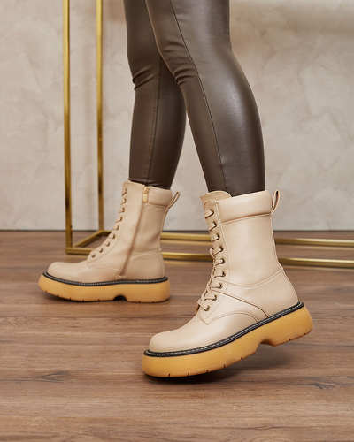 Royalfashion Beige Damen Schnürstiefel mit fester Sohle Diret