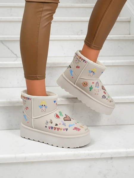 Lemuria Stiefeletten - Cremefarbene Doodle Schneestiefel mit dicker Furrini Sohle