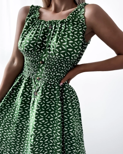 Knielanges Damenkleid mit Print in Dunkelgrün- Kleidung