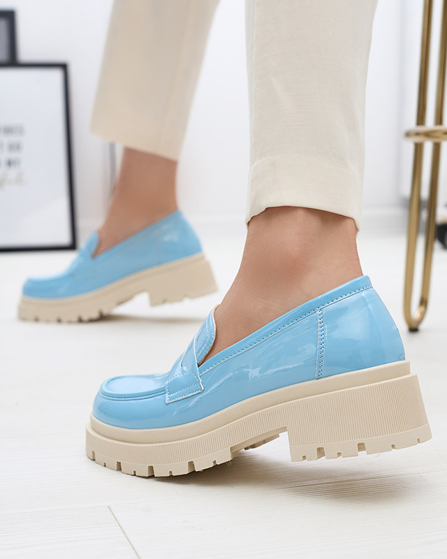 Royalfashion Blau lackierte Mokassins für Damen Noppel