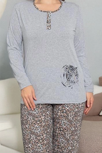 Royalfashion Graue Damen 2-teilige Leopardenmuster Pyjamas IN GROßEN GRÖSSEN