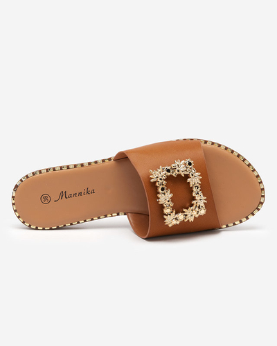 OUTLET Hellbraune elegante Damenhausschuhe mit goldener Verzierung Meriso - Footwear