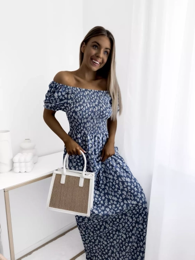 Blaues Maxikleid mit Blumenmuster für Damen - Kleidung