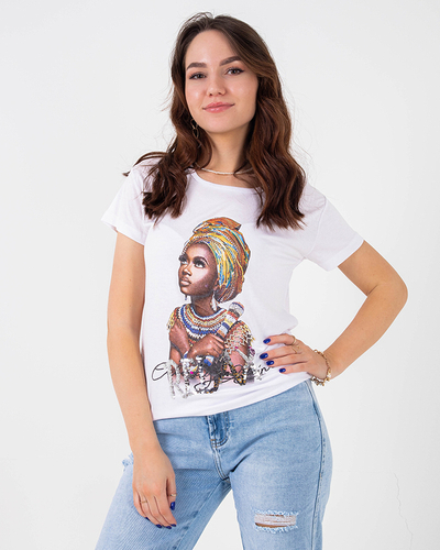 Weißes Damen-T-Shirt mit buntem Aufdruck und Pailletten - Kleidung