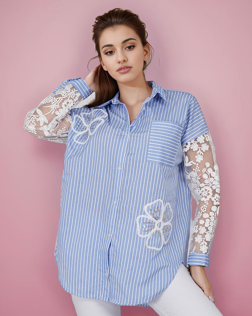 Royalfashion Жіноча смугаста сорочка з мереживом