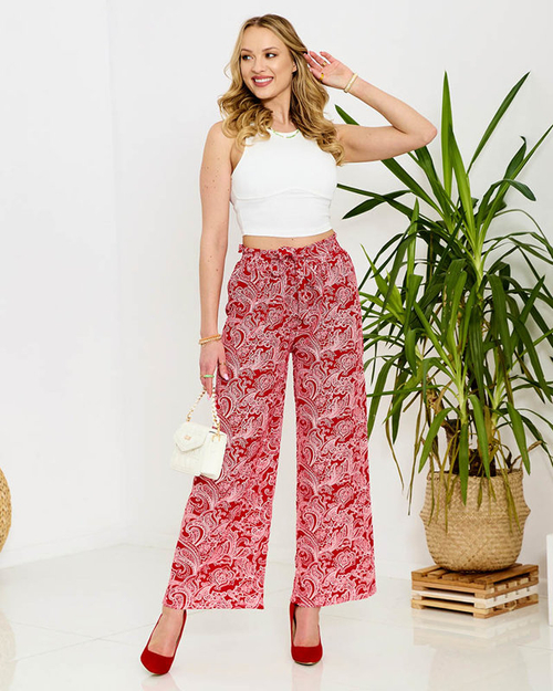 Червоні жіночі тканинні штани з принтом - Одяг