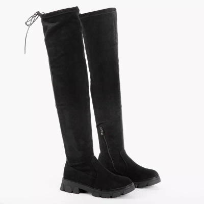 OUTLET Eco - schwarze Wildlederstiefel mit flachen Absätzen über dem Knie. Engi-Schuhe