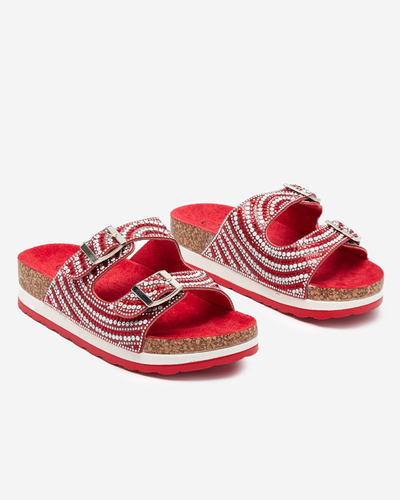 Damenhausschuhe mit Zirkonia in roten Lalud-Shoes