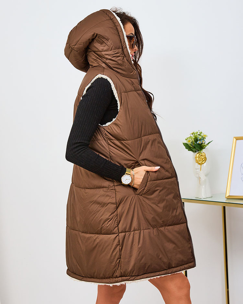 Royalfashion Коричнево-кремовий довгий двосторонній жіночий жилет