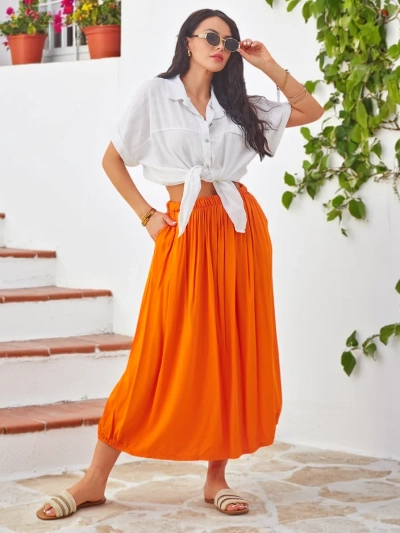 Royalfashion Damen Viskose Midi Rock Sommer Leicht mit Zwei Taschen