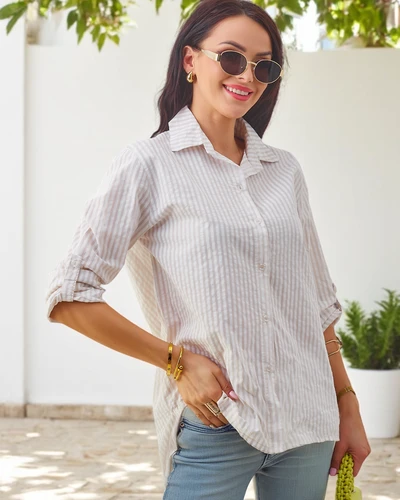 Royalfashion Damen Baumwollstreifenbluse mit einem Band am unteren Ende