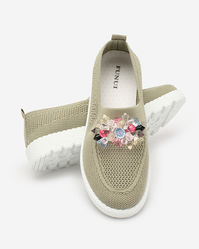 Royalfashion Khaki Damen Stoff Mokassins mit Kristallen Fezens