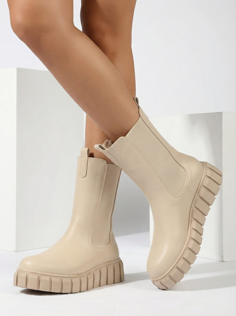 Royalfashion Damenstiefel mit hohem, flachem Absatz in ecru Elicane