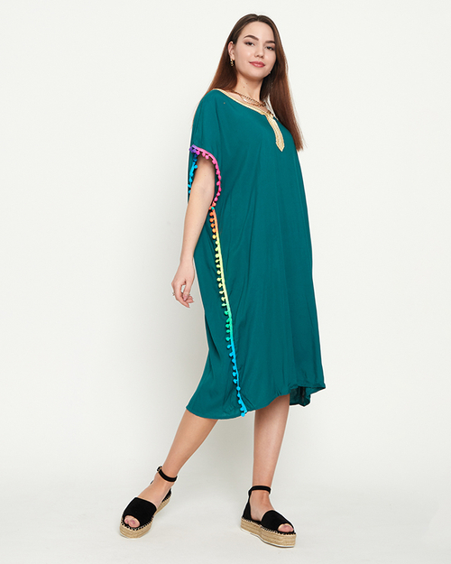 Темно-зелена жіноча літня пляжна туніка з помпонами - Одяг