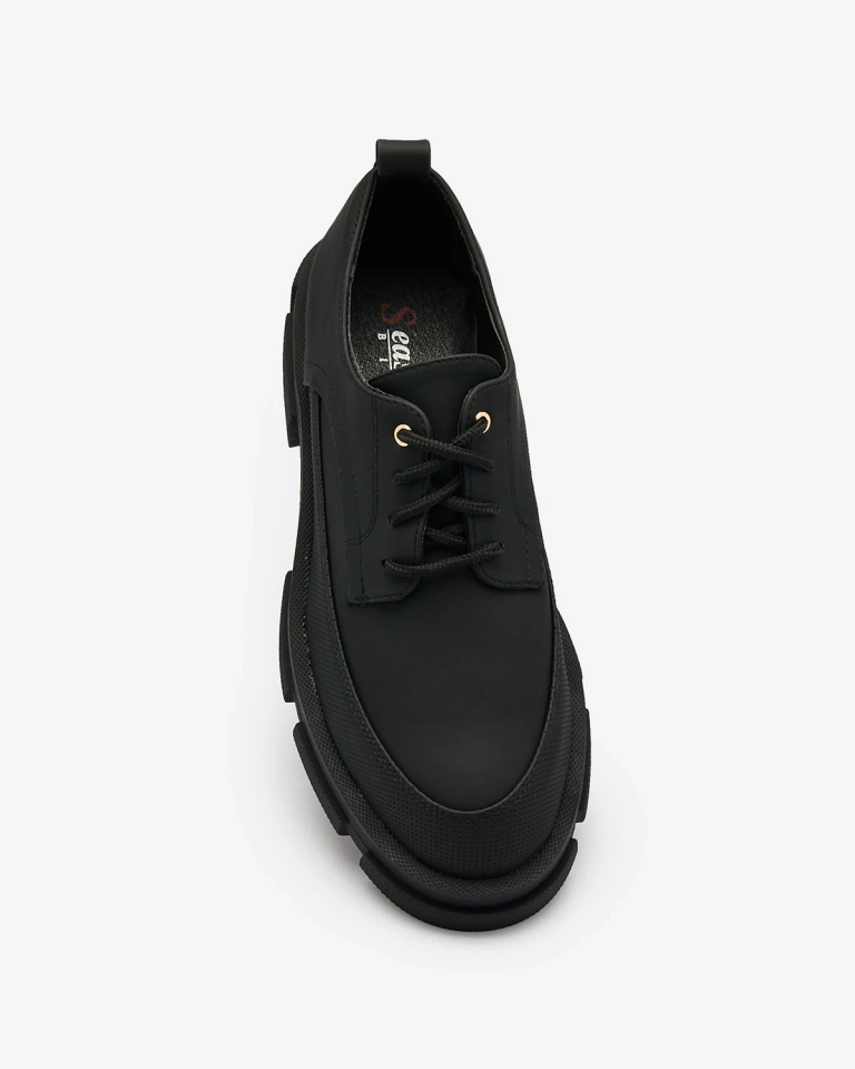 Royalfashion Damen schwarze matte Halbschuhe auf fester Sohle Trendy Chunky